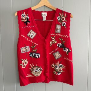 Vintage Koret City Blues red embroidered knit vest floral owl patchwork size S
